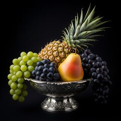 Still life arrangement of fruit in a decorative bowl.