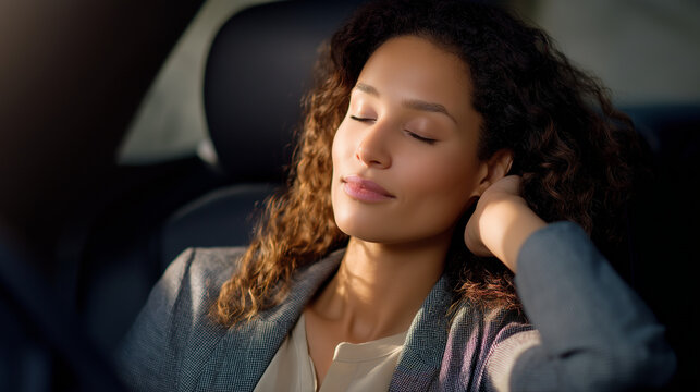 A businesswoman rests in a car, the tired scene illuminated by gentle light. Businesswoman, car, with copy space - Powered by Adobe