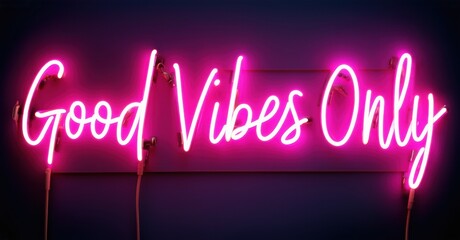Bright pink neon sign displays Good Vibes Only against dark purple wall. Simple script font creates positive atmosphere.