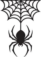 Black spider hanging from cobweb isolated on transparent background