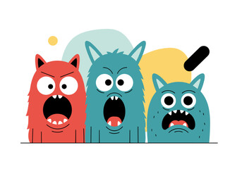 Naklejka premium Three cute cartoon monsters with big mouths expressing different emotions together on a white background