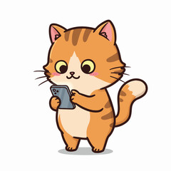orange cat standing ordering a taxi via his smartphone