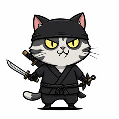 a gray cat dressed as a black ninja while holding a sword © NurAiniDewi