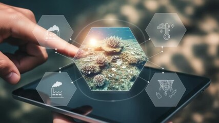 Hand touching tablet displaying coral reef with environmental impact icons overlaid on screen - Powered by Adobe
