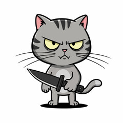 gray cat holding a knife with a serious facial expression looking forward