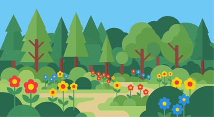 Naklejka premium A vibrant, flat illustration of a winding path through a lush forest filled with colorful wildflowers and evergreen trees under a clear blue sky.