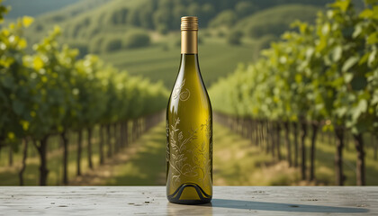 Green Wine Bottle Mockup with Blank Label in Vineyard Landscape – Premium Wine Branding Packaging Design