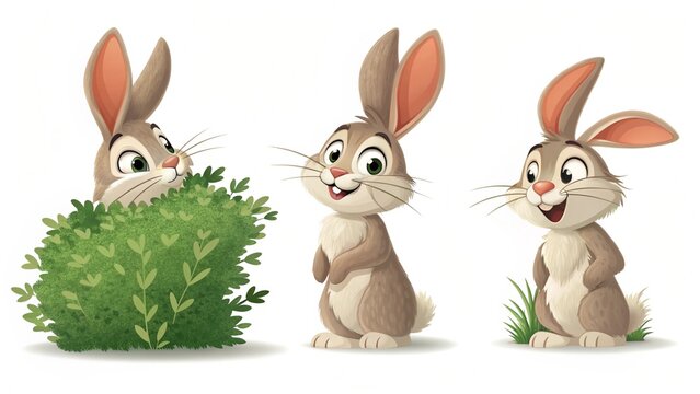 cartoon style, bashful bunny with identical fur pattern, peeking, hopping nervously in different poses, pure white background