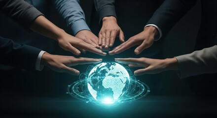 Global teamwork and international business concept with a holographic globe and copy space