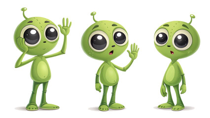 Fototapeta premium A set of 3 image,Cartoon style, green alien with big eyes in different gestures, pure white background