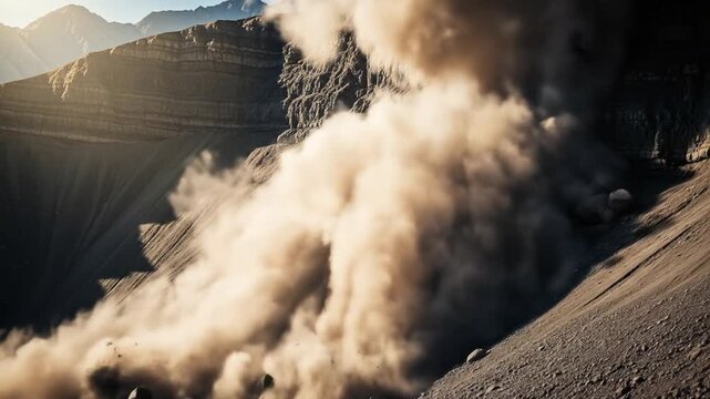 A dramatic rockslide releasing clouds of dust in a mountainous landscape.