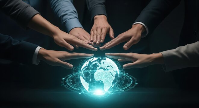 Global teamwork and international business concept with a holographic globe and copy space - Powered by Adobe
