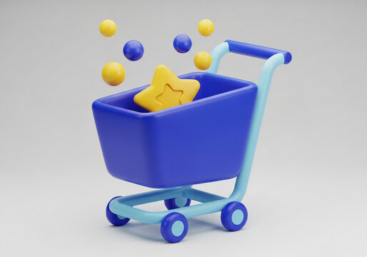 Vibrant 3d shopping cart with falling yellow arrows and blue spheres symbolizing online shopping and commerce - Powered by Adobe