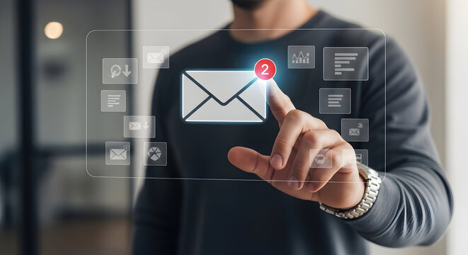 Person Touching Virtual Email Icon with Notification on Digital Screen