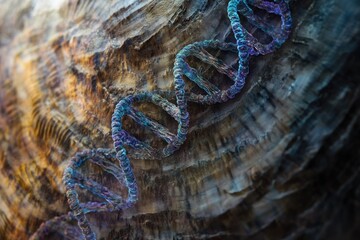 DNA double helix structure superimposed on a layered rock formation, suggesting the origins of life.