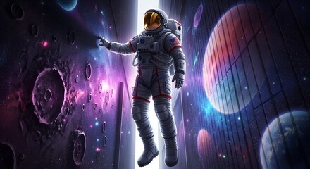 Astronaut floating through a vibrant cosmic gateway surrounded by planets