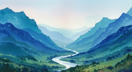 Watercolor Mountain Vista: Serene Blues and Greens in a Peaceful Landscape