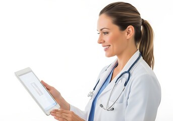 Optimistic doctor reviewing x-ray on tablet with modern interface in bright clinic, healthcare professional