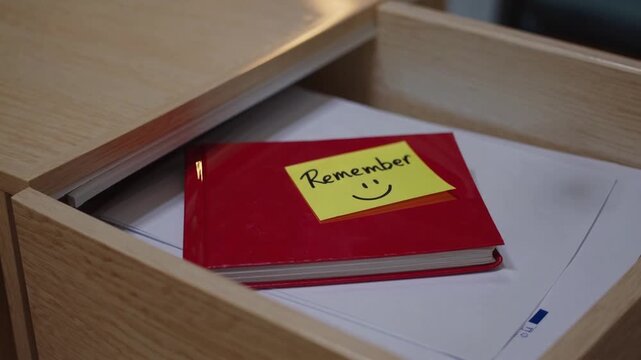 red notebook with yellow sticky note reminder lying open inside wooden desk drawer