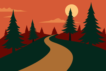 Obraz premium Sunset landscape with trees and winding path view