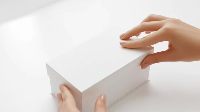 Hands opening a white box revealing mockup cards inside, set against a clean, minimalistic background