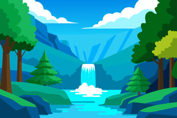Illustration of a waterfall in a mountain valley