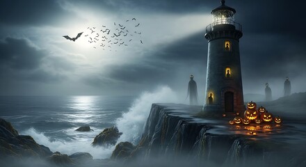 Illustration of a lighthouse on a cliff overlooking the ocean on a foggy halloween night with ghosts