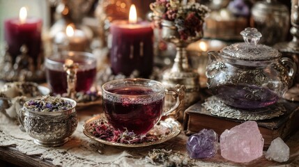 Naklejka premium Exquisite herbal tea ceremony vintage style drink setting cozy atmosphere close-up view relaxation concept