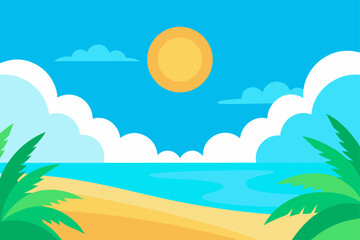 A sunny beach with palm trees and fluffy clouds
