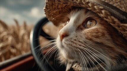 Close-up of a Ginger Cat Wearing a Straw Hat Driving a Tractor Through a Wheat Field on a Sunny Day.
