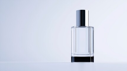 A sleek premium bottle of perfume. The bottle has an elegant shape with square lines that reflect soft light, creating a luxurious effect. on a white background.