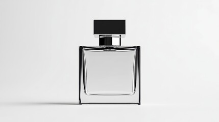 A sleek premium bottle of perfume. The bottle has an elegant shape with square lines that reflect soft light, creating a luxurious effect. on a white background.