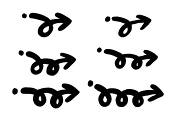 手描き風くるくる矢印セット — シンプルで装飾的な黒の方向アイコン素材