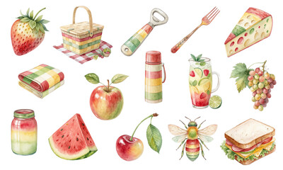Picnic Basket Food Fruits Drinks Summer Watercolor Clipart