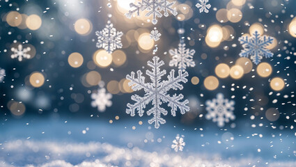 Fototapeta premium Snowflakes falling on snowy landscape during christmas time with golden bokeh lights