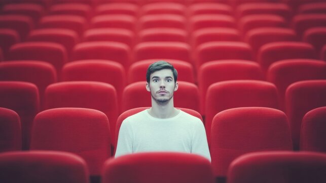 Young man seated alone in empty theater with bright red chairs