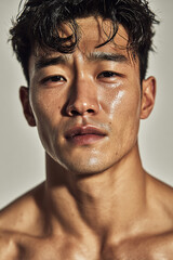 Obraz premium Close-up of young Korean male fighter with sad expression