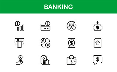 Banking Transaction Icons – Flat Linear Outline Vector Symbols of Bank, Loan, ATM, Money, Vault, Credit Card, Finance, Clean Minimal Pack for Apps, Websites, and Infographics