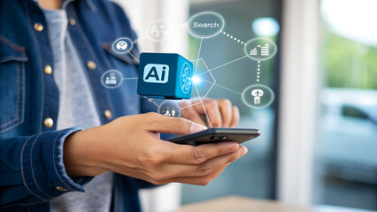 Person using smartphone with AI interface, exploring digital innovations and technology, ideal for business and future concepts