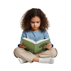 A young girl with curly hair sits cross-legged on a white background, engrossed in reading a green book