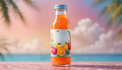 Fresh Orange Juice Bottle Mockup with Fruit Label Design on Summer Tropical Beach Background – Healthy Beverage Packaging Concept