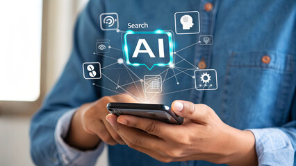 Explore the Future with Artificial Intelligence on Your Phone, A Person using AI Technology for Problem Solving and Innovation on Mobile Devices