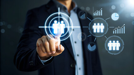 Businessman targeting team with data analytics, showing recruitment, human resources, and strategic planning in modern business environment