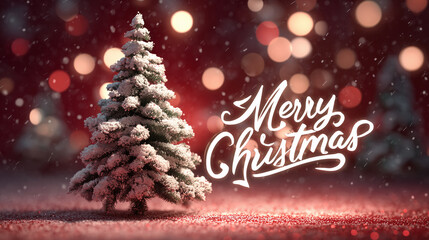 Snow covered Christmas tree with Merry Christmas text on sparkling red festive background