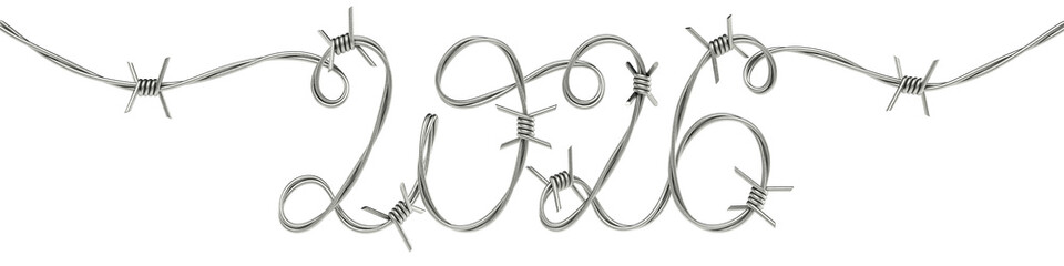 2026 Year Made from Barbed Wire as Security Concept. 3D rendering