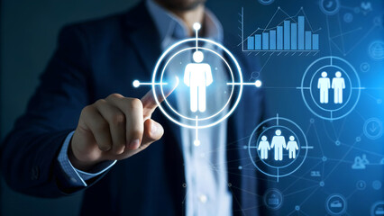 Professional using digital interface for team building and data analysis, showcasing modern business and human resources technology solutions in a bright setting