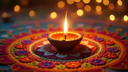 Diwali Celebration Glowing Diya, Mandala Background & Festive Lighting