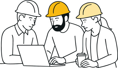 Team of construction workers wearing safety helmets working together on laptop, engineering teamwork concept, collaboration planning, project discussion, workplace illustration.