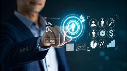 Modern digital transformation strategy shown by businessman connecting with glowing target audience...