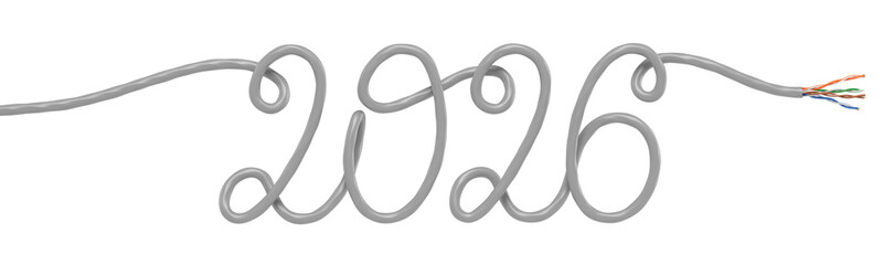 Creative 2026 Year Design Using Network Cable. 3D rendering